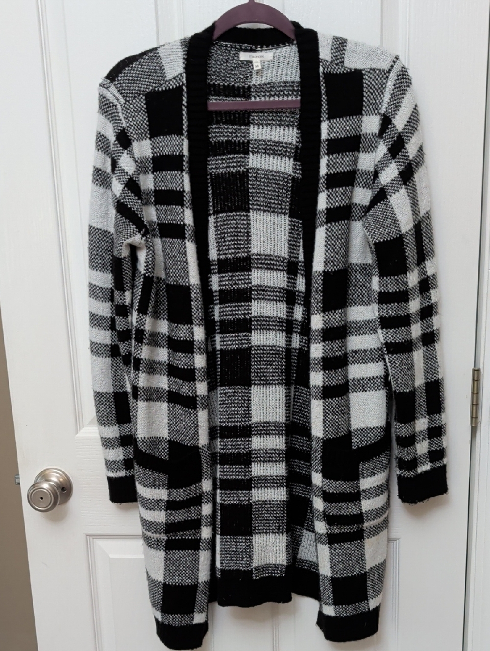 Maurices Black White Checkered Flag Plaid Long Cardigan Sweater M Woman's